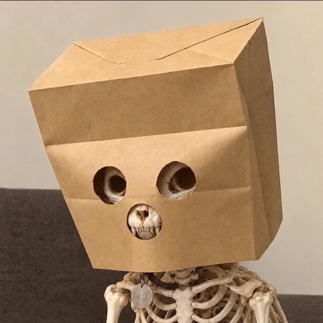 The anonymous skeleton cat sitting on his usual couch, still wearing his paper bag.