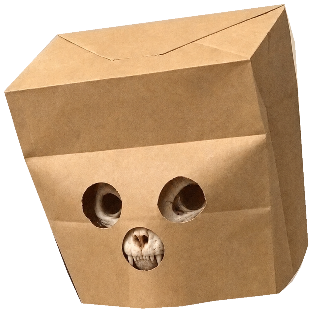 His well-worn paper bag. The eyes behind it have seen enough.